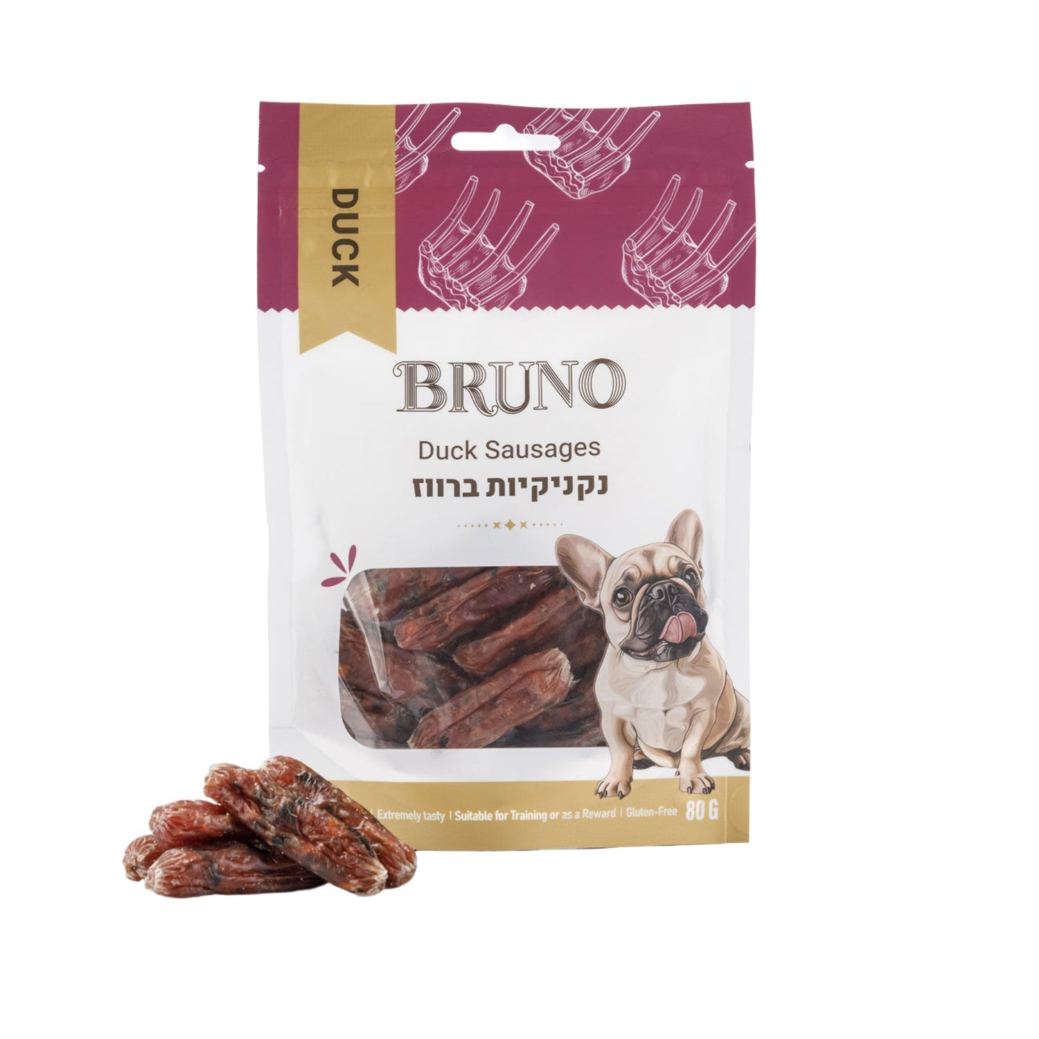 חטיף כלבים ברונו נקניקיות ברווז ותרד 80 גרם