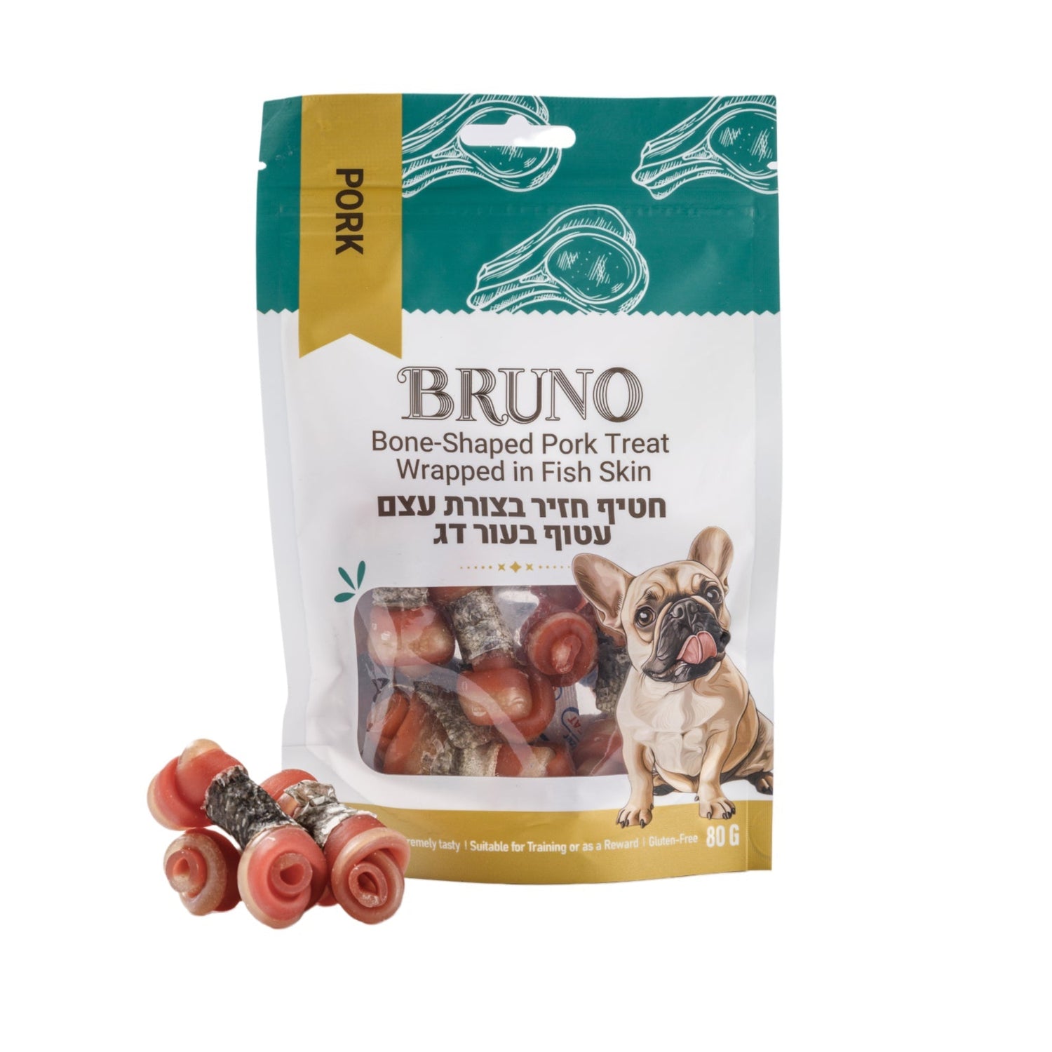 חטיף כלבים ברונו חזיר בצורת עצם עטוף בדג 80 גרם