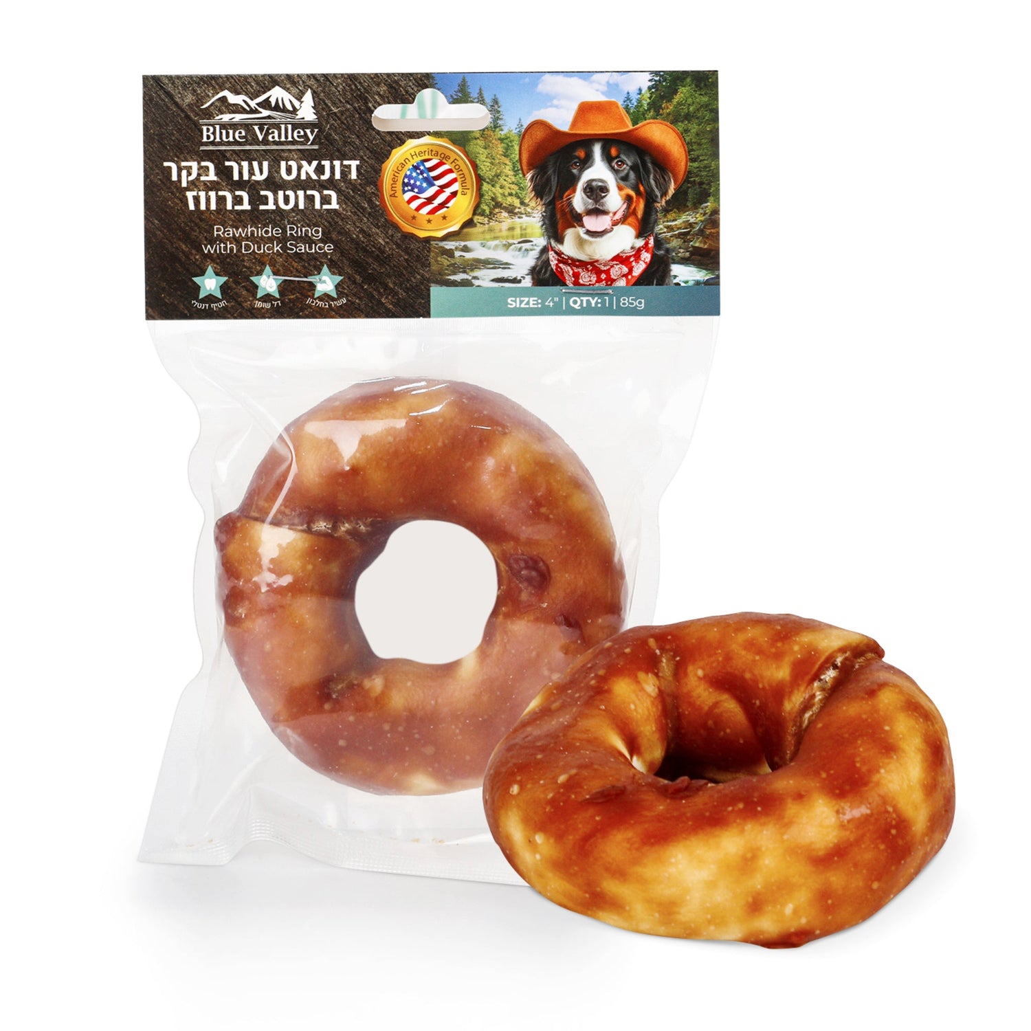 חטיף כלבים בלו וואלי דונאט עור בקר ברוטב ברווז 4 אינץ' 85 גרם