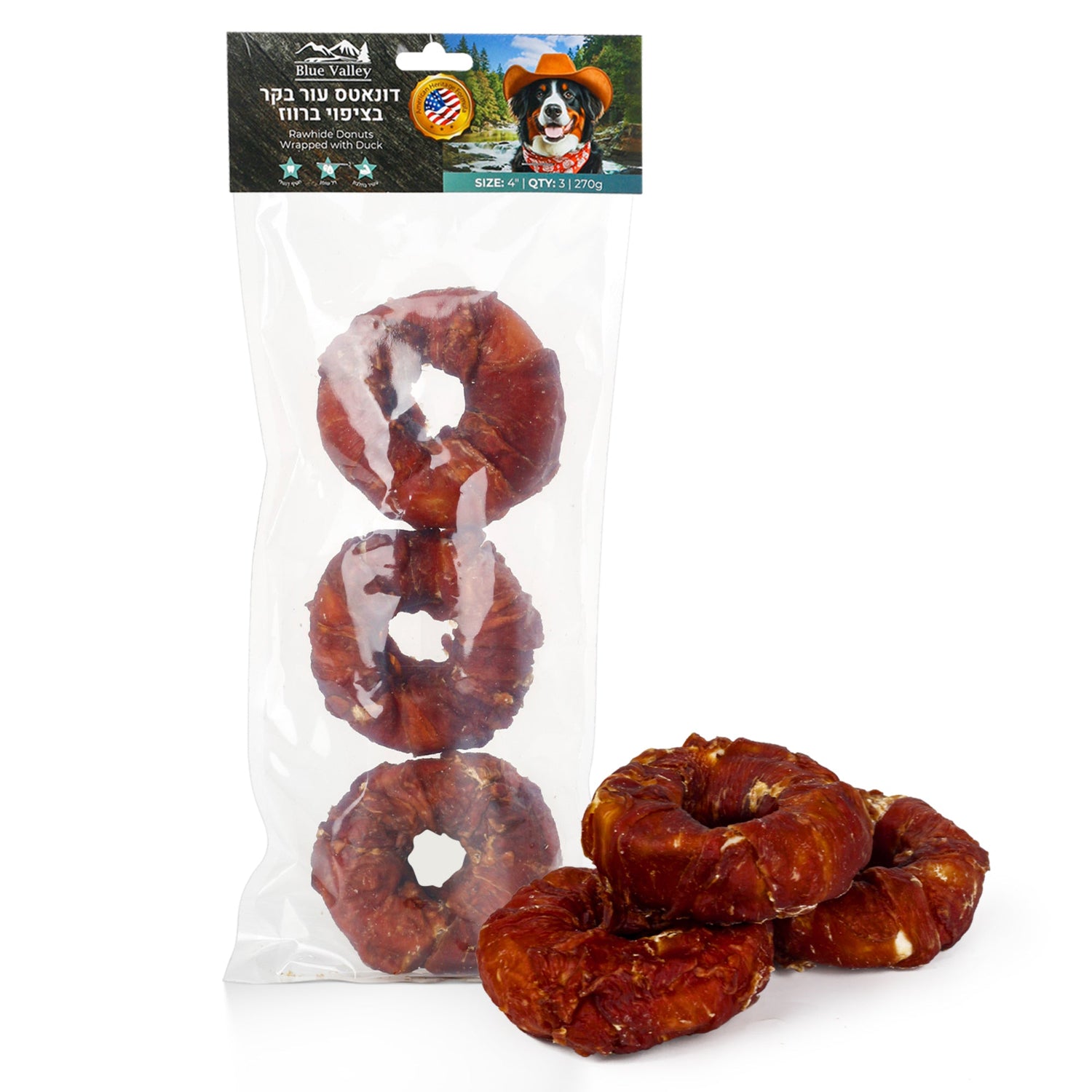 חטיף כלבים בלו וואלי דונאטס עור בקר בציפוי ברווז 270 גרם
