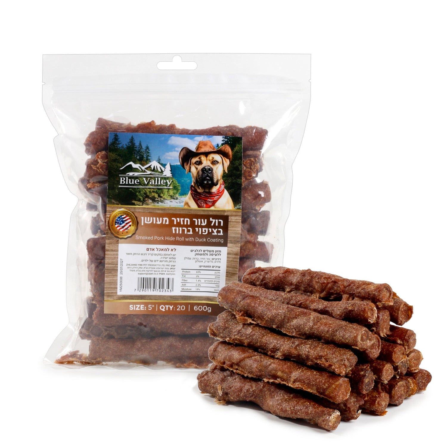 חטיף כלבים בלו וואלי רול עור חזיר מעושן בציפוי ברווז 600 גרם