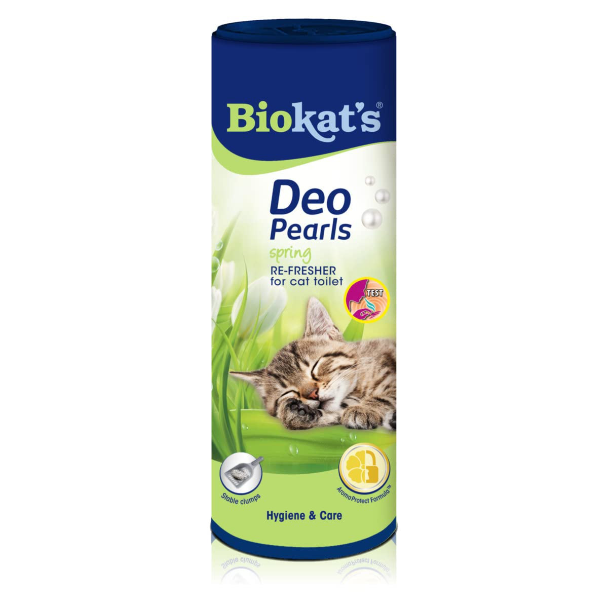 Container of Biokat's Deo Pearls cat toilet refresher in a spring scent, featuring a cat and green grass design.