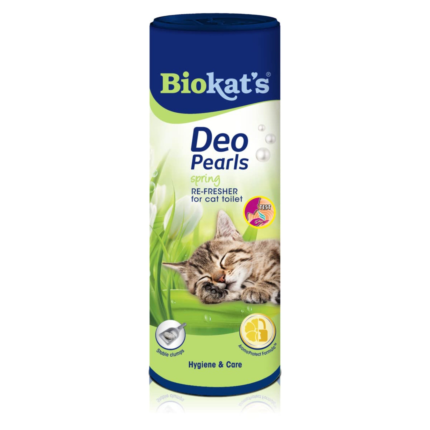 Container of Biokat's Deo Pearls cat toilet refresher in a spring scent, featuring a cat and green grass design.