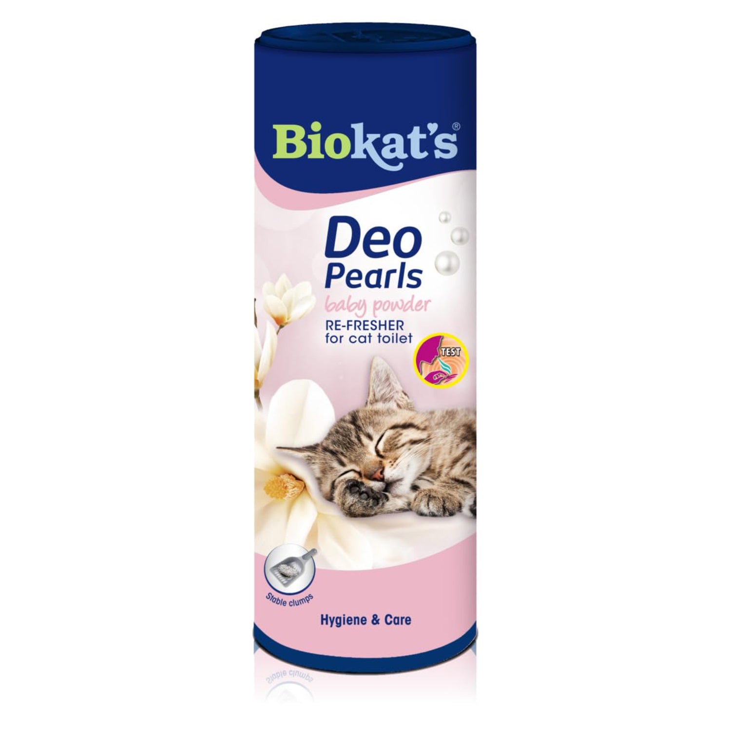 Container of Biokat's Deo Pearls, a cat toilet air-freshener, featuring a sleeping cat and floral design.