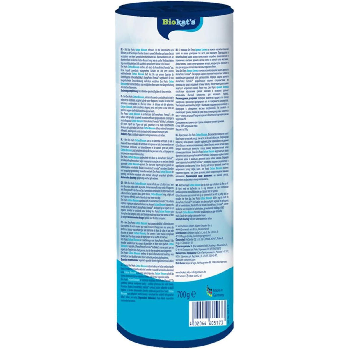 Product packaging with instructions and information on a cylindrical container
