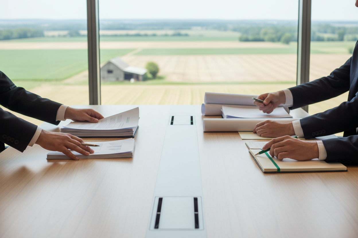 Create a wide 16:9 corporate image that communicates cooperation, shared values, and building the future. Scene: a modern meeting table near a large window with soft natural light; multiple hands (no faces) placing documents/blueprints and shaking hands over the table. In the background, a subtle out-of-focus view of agricultural fields or a rural landscape through the window. Add a small accent of #008138 via a pen, folder edge, or notebook strap. Style: premium realistic photography, minimal, clean, trust
